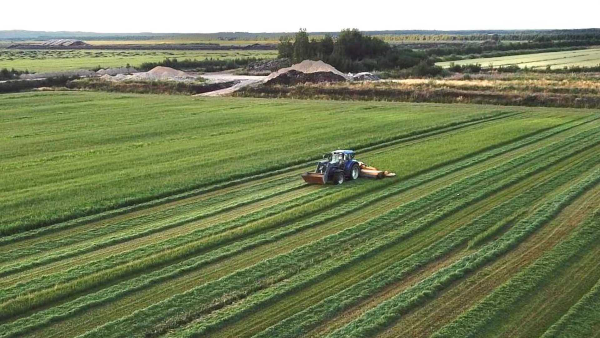 Traktori tekee heinätöitä isolla pellolla